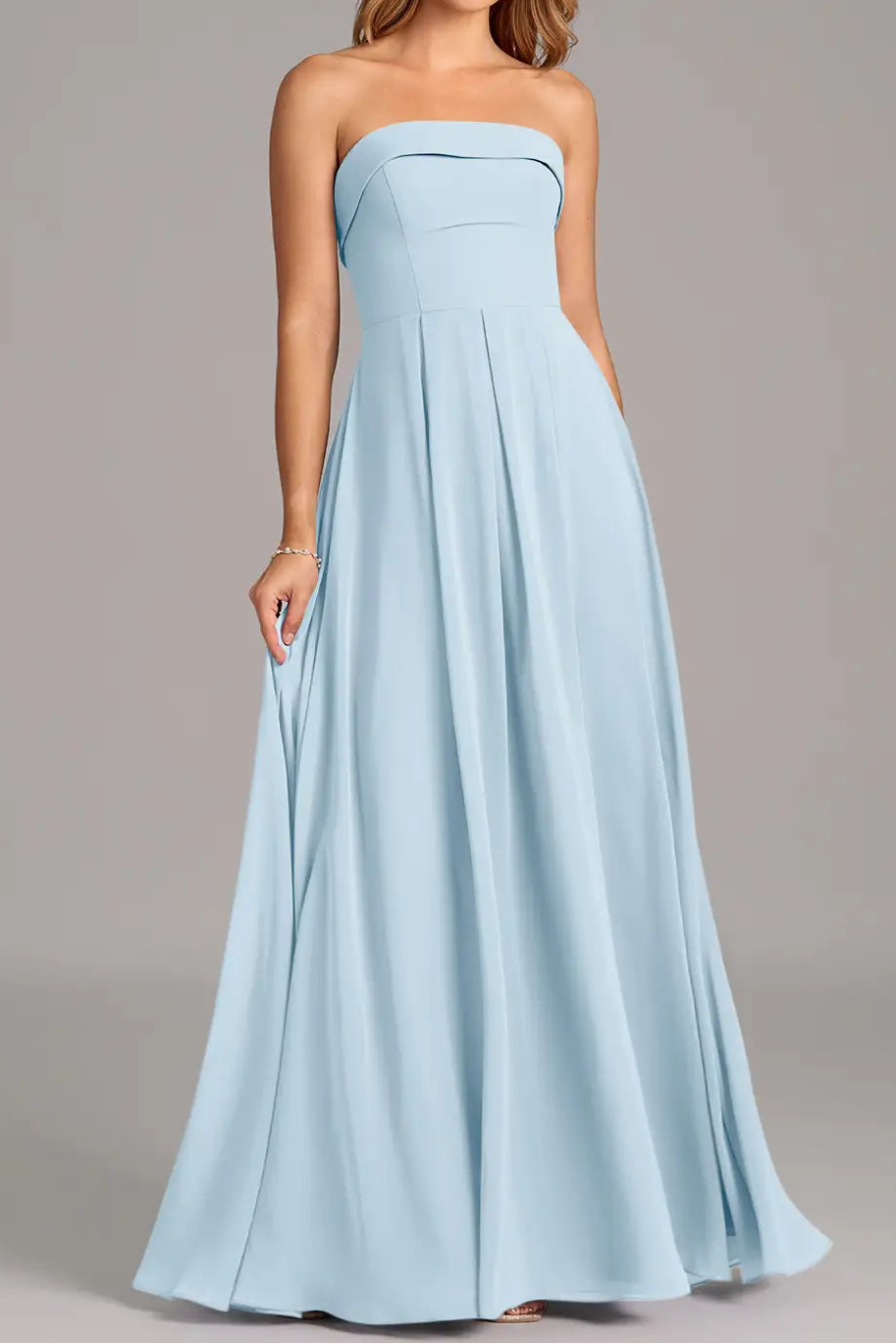 Light blue A line strapless chiffon gown