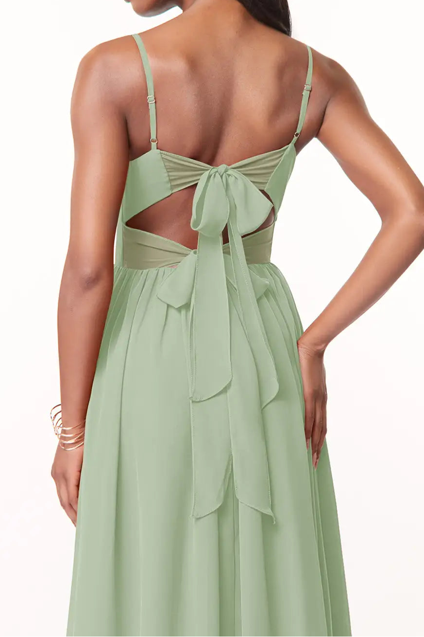 Elegant Grass Green A Line V Neck Pleated Evening Gown