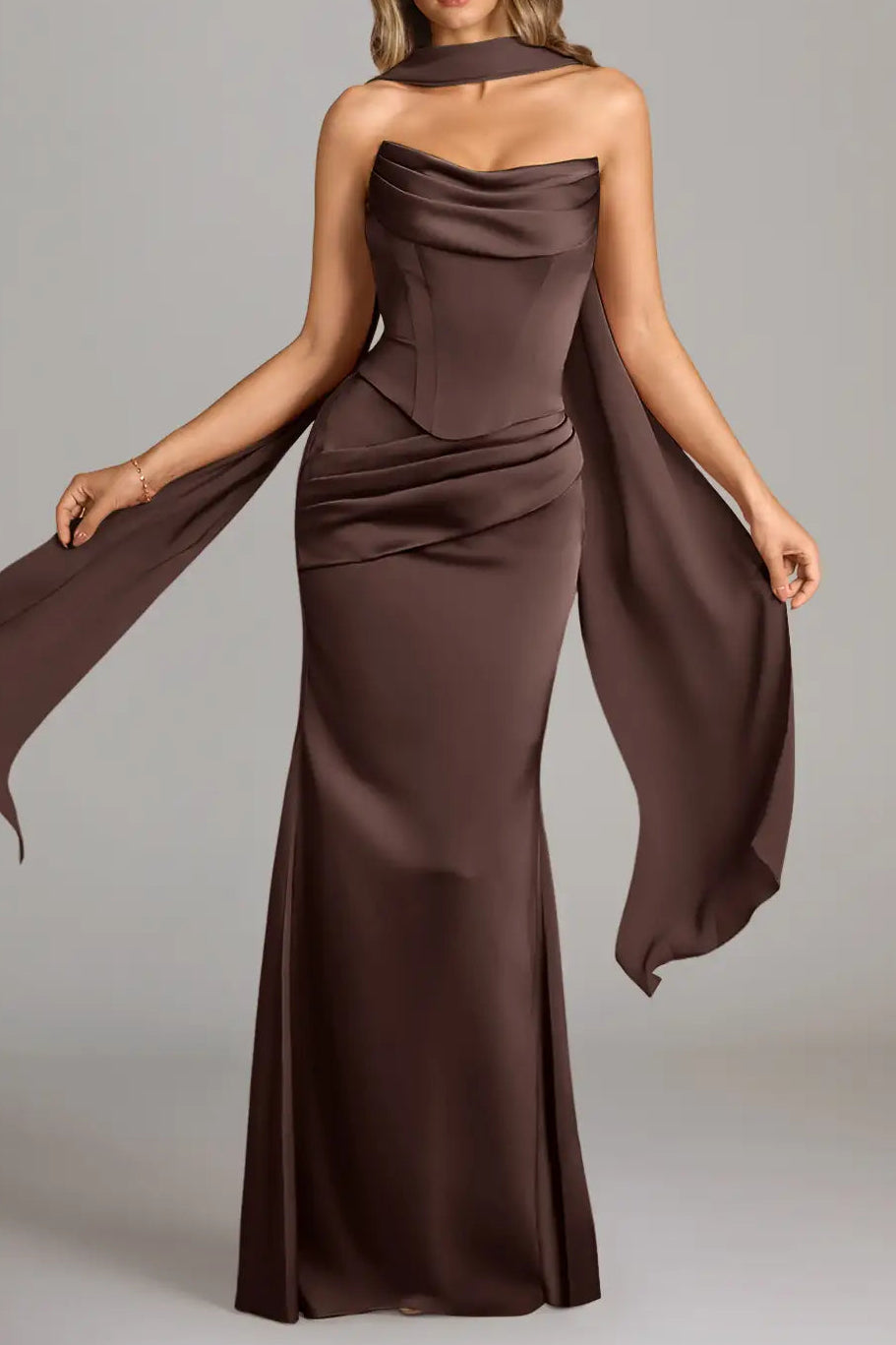 Plus Size Mermaid Strapless Stretch Satin Dress - Ganache