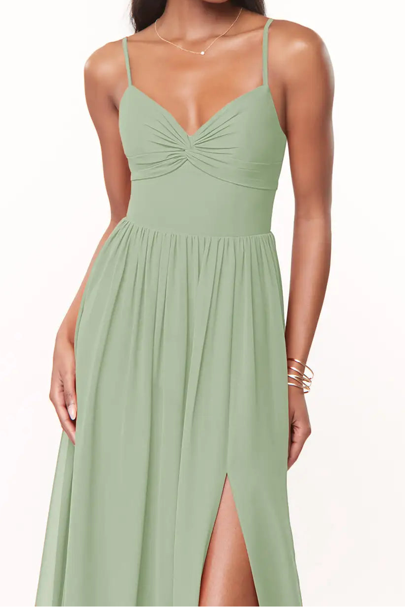 Elegant Grass Green A Line V Neck Pleated Evening Gown