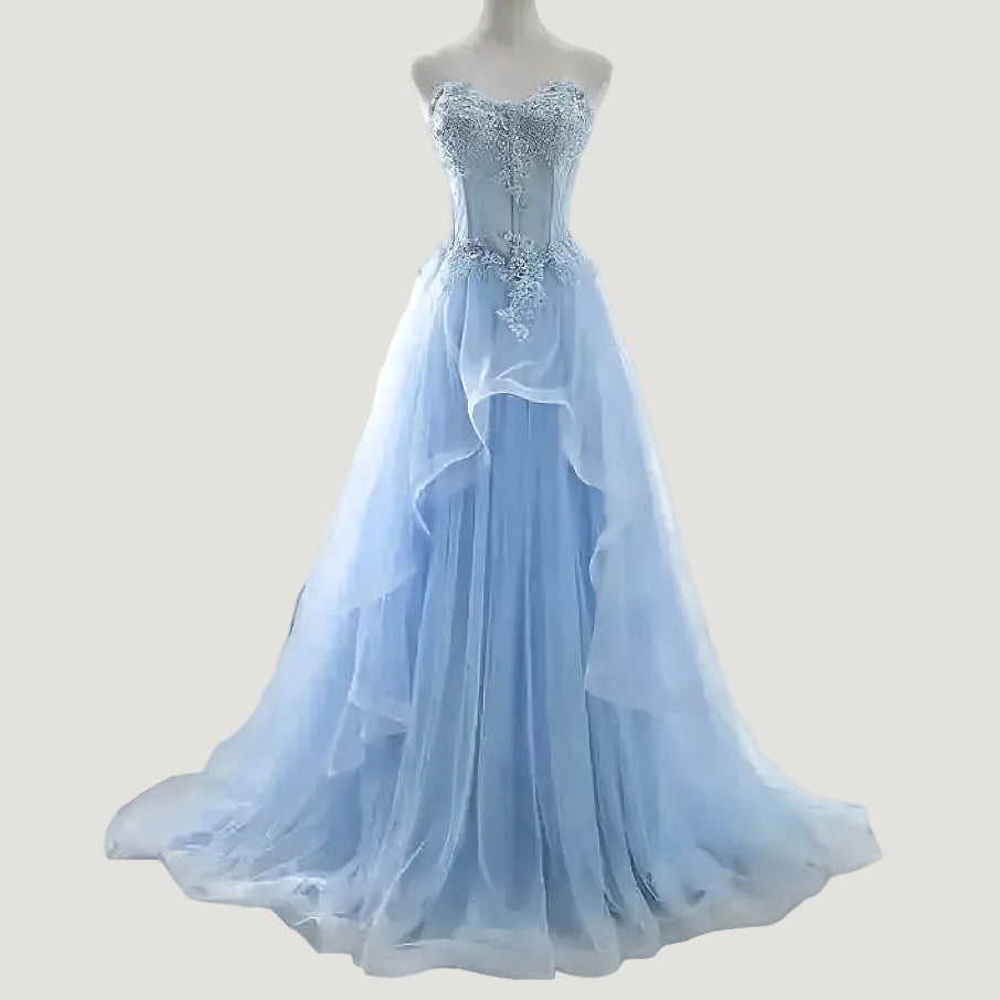 Light Blue Corset Tulle Prom Gown Detail