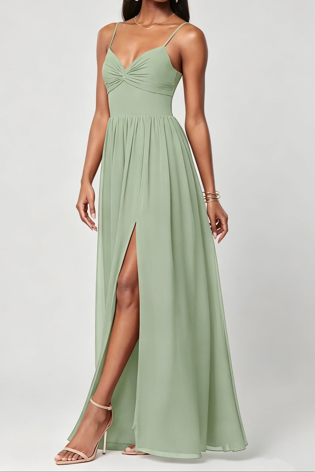 Elegant Grass Green A Line V Neck Pleated Evening Gown