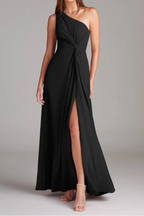 Black A Line One Shoulder Chiffon Dress