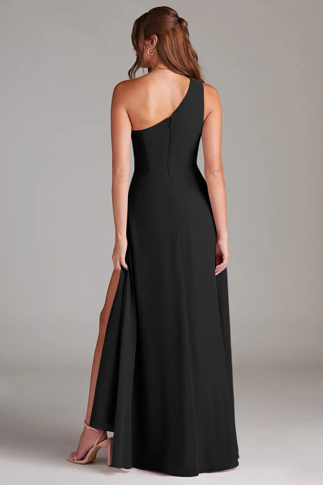 Black A Line One Shoulder Chiffon Dress
