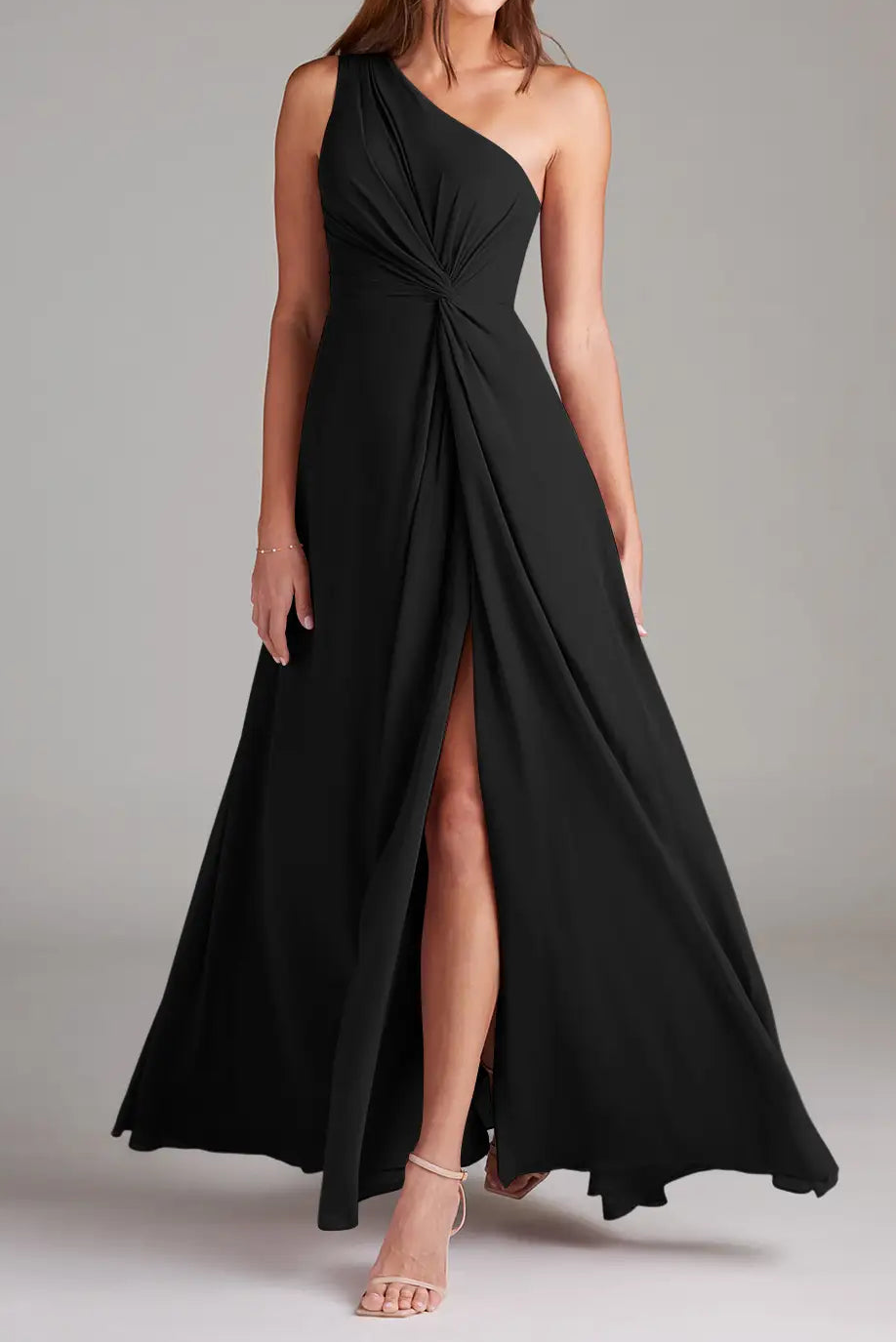 Black A Line One Shoulder Chiffon Dress
