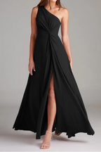 Black A Line One Shoulder Chiffon Dress