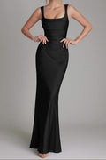 Black stretch satin fitted mermaid dress