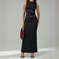 Elegant black sleeveless lace maxi dress