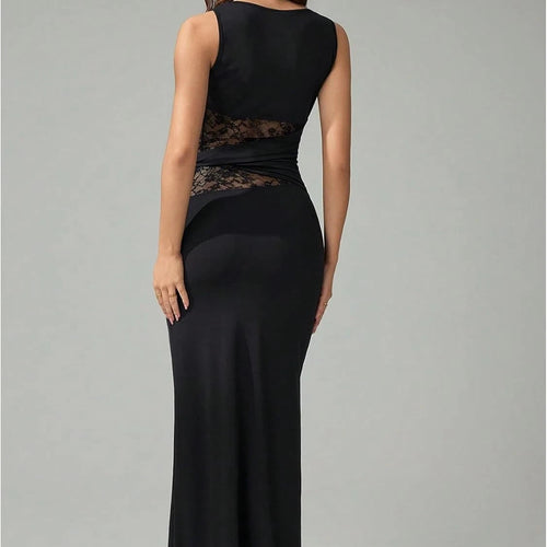 Elegant black sleeveless lace maxi dress