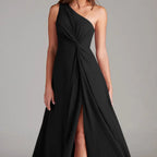 Women's One Shoulder Chiffon Maxi Dress with Side Slit