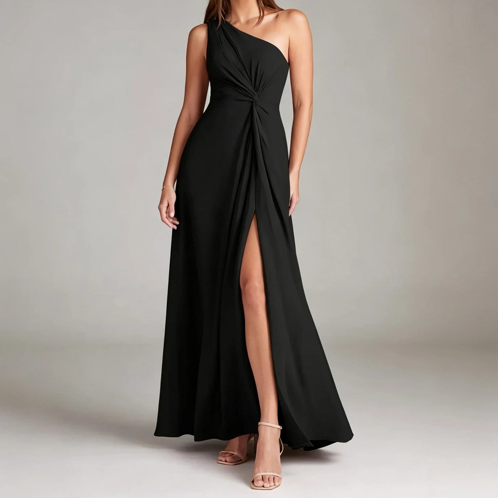Women's One Shoulder Chiffon Maxi Dress with Side Slit