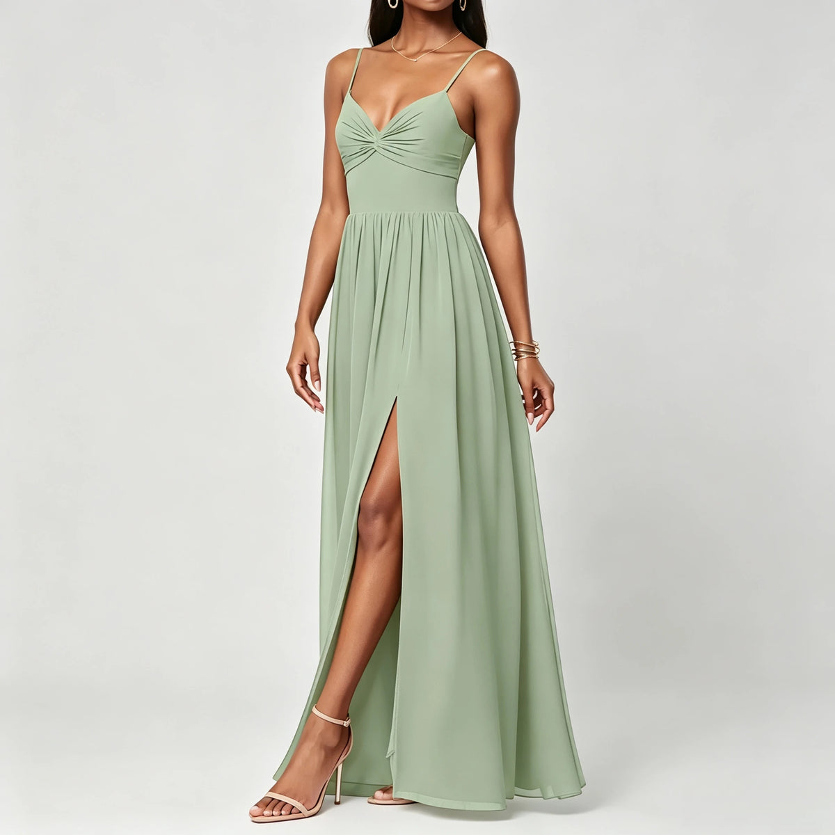 Women's Spaghetti Strap V Neck Chiffon A Line Bridesmaid Dress