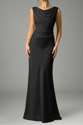 Black Mermaid Pleated Stretch Satin Dress