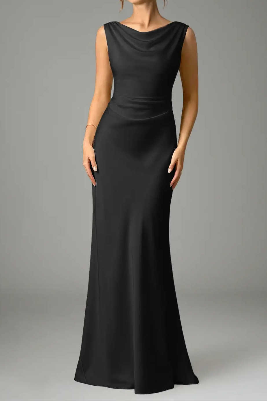 Black Mermaid Pleated Stretch Satin Dress