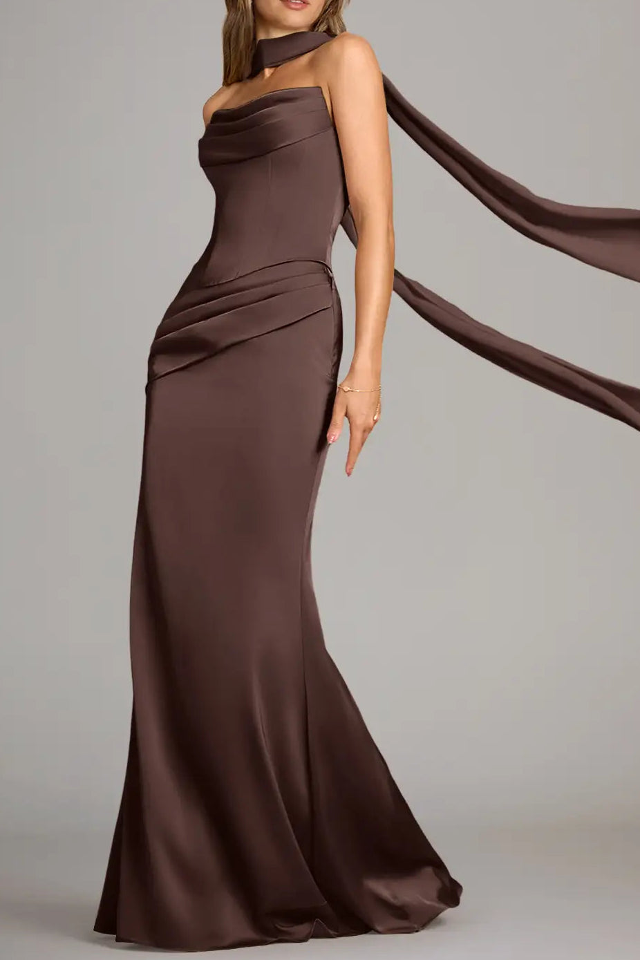 Plus Size Mermaid Strapless Stretch Satin Dress - Ganache