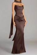 Plus Size Mermaid Strapless Stretch Satin Dress - Ganache