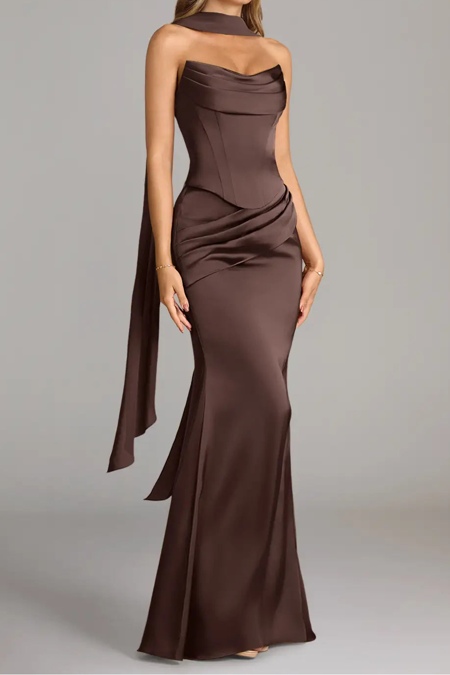 Plus Size Mermaid Strapless Stretch Satin Dress - Ganache