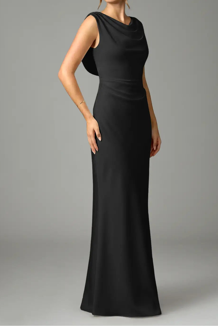 Black Mermaid Pleated Stretch Satin Dress