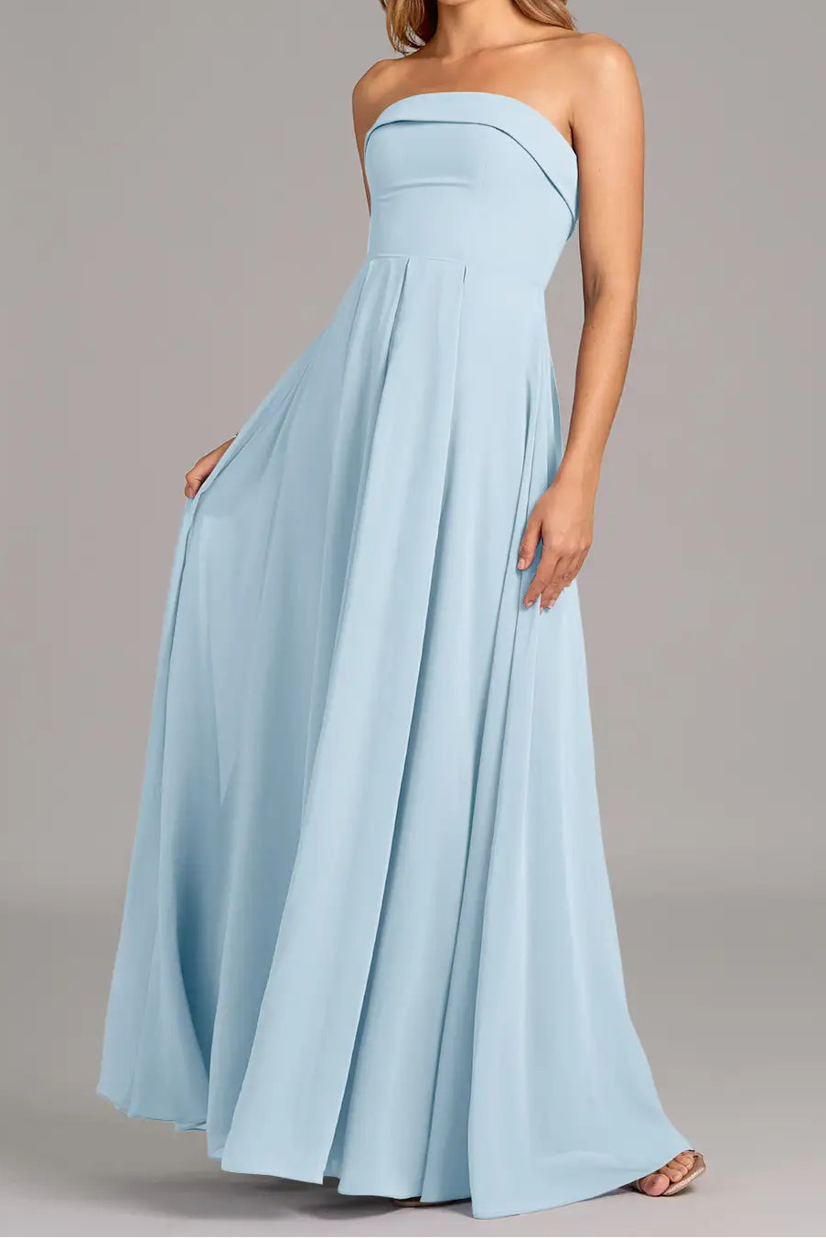 Light blue A line strapless chiffon gown