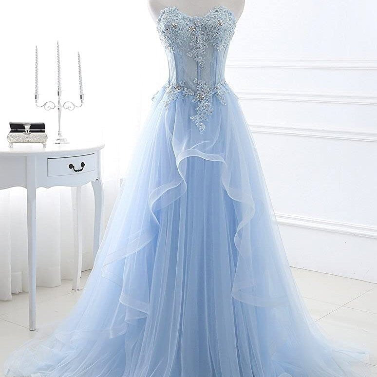 Light Blue Corset Tulle Prom Gown