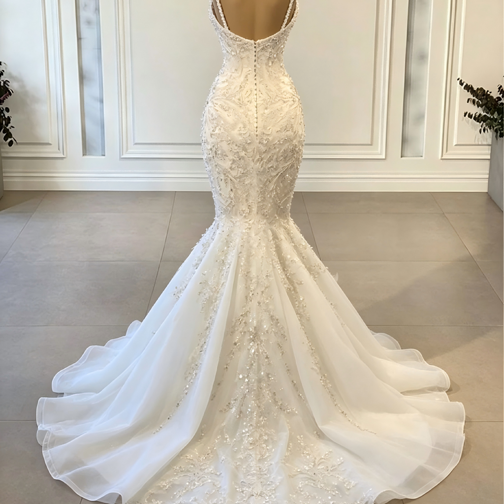 V-Neck Beaded Mermaid Wedding Gown Detail