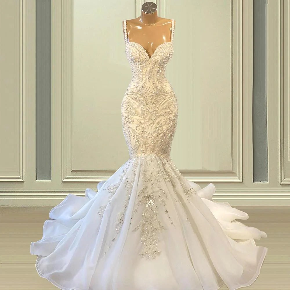 V-Neck Beaded Mermaid Wedding Gown