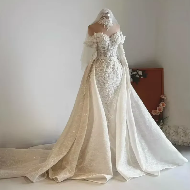 Off the shoulder floral lace mermaid wedding dress
