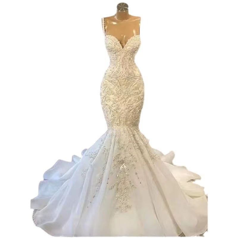V-Neck Beaded Mermaid Wedding Gown Back