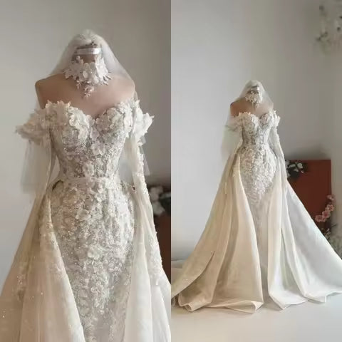 Off the shoulder floral lace mermaid wedding dress