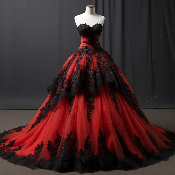 Red Tiered Tulle Ball Gown