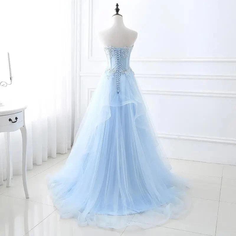 Light Blue Corset Tulle Prom Gown Back